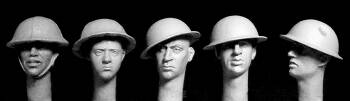 5 heads, British WW1 Brodie type steel helmets